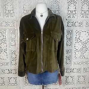 Y2K Khaki Olive Green Velour Full Zip‎ Lightweight Shirt Jacket Sz Small